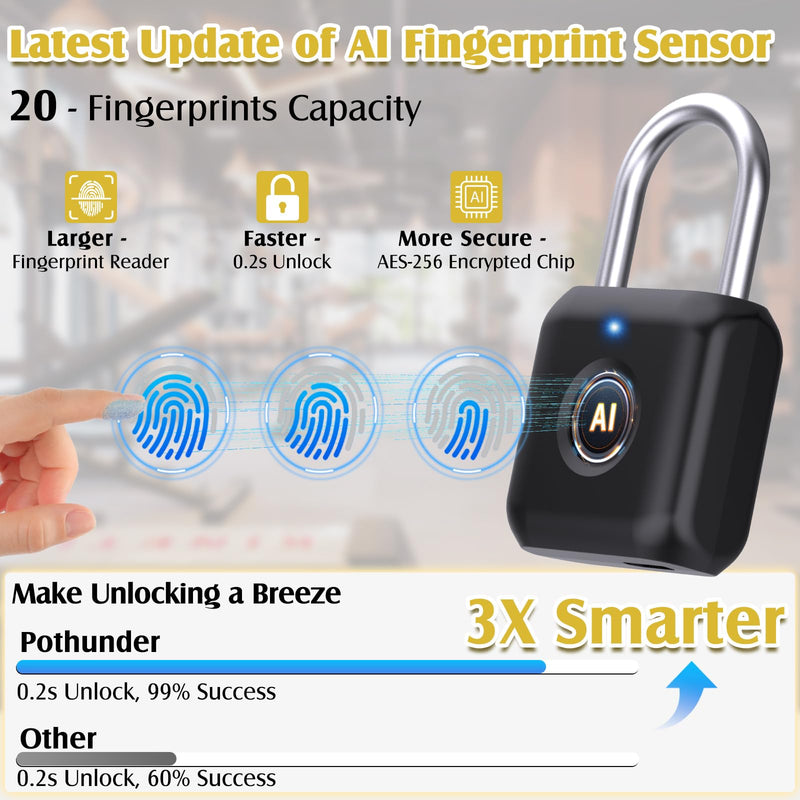 Fingerprint Padlock, Pothunder Smart Padlock, Locker Lock, Fingerprint Lock with APP Unlock, USB Rechargeable, Suitable for Gym Locker, Door(Black) Onyx Black