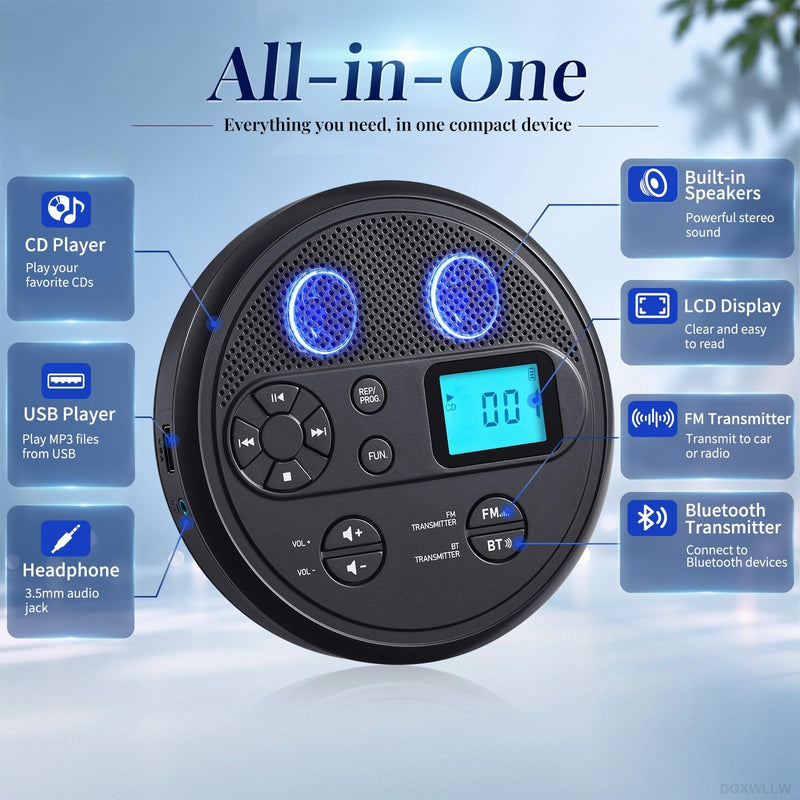 Portable CD Player with Bluetooth, FM Transmitter, USB, AUX, Timer | Rechargeable CD Player with Anti-Skip, Stereo Speakers, LCD Display, Includes Headphones for Use at Home or in Car, Black
