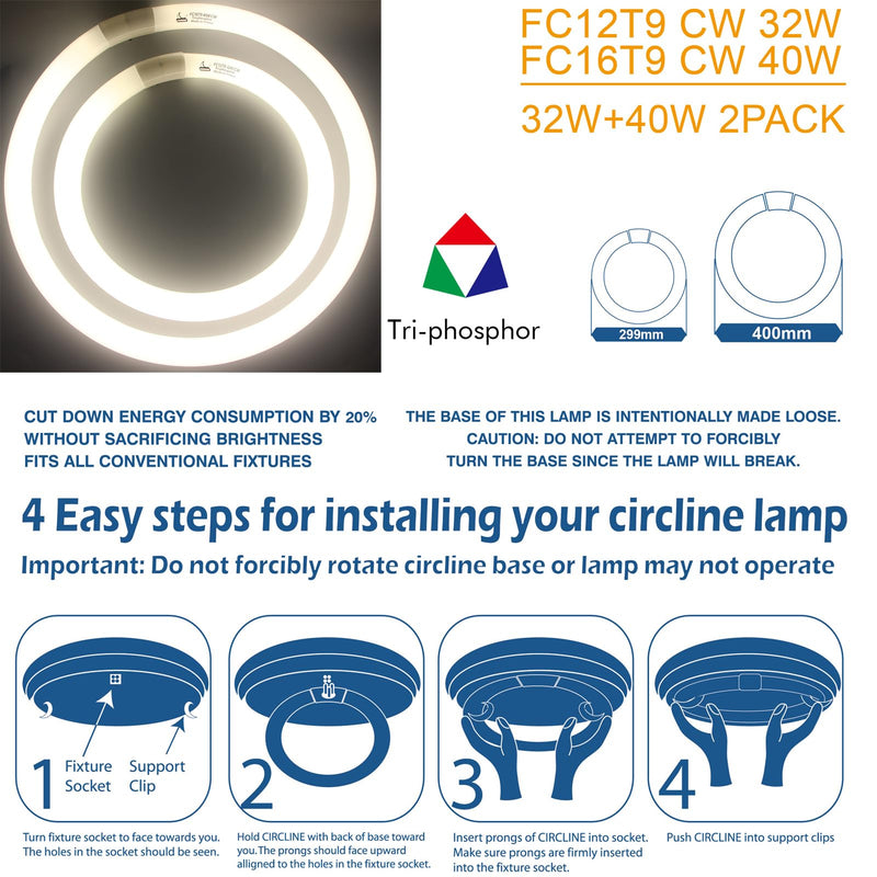 FC16T9/CW 40W and FC12T9/CW 32W Cool White Set, 16 inch T9 40 Watts Circular Bulb & 12 inch 32 Watts Round Fluorescent Light Bulbs, Circline Kitchen and Bath Light Bulb, 4100K, G10q 4 pin Prong