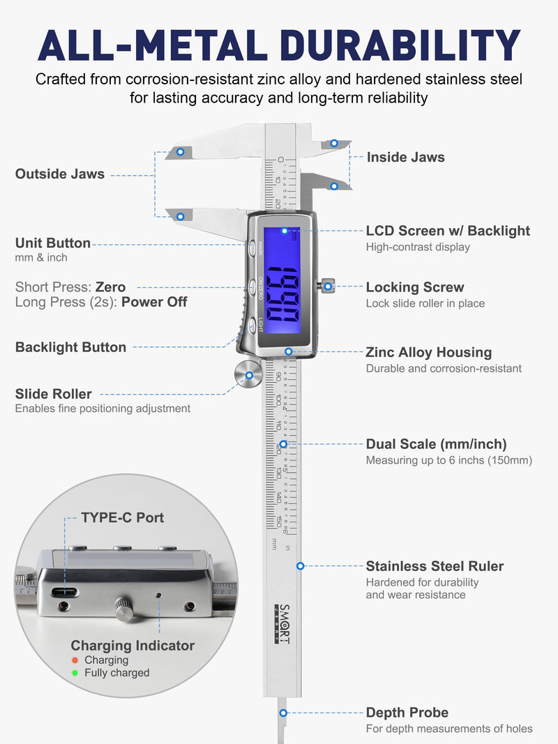 6'' Rechargeable Digital Caliper, All Metal & Long Lasting Design | Digital Vernier Caliper Measuring Tool with 0.001'' Accuracy, LCD Backlight Screen, Fast Type-C Charging & Auto-Off Design