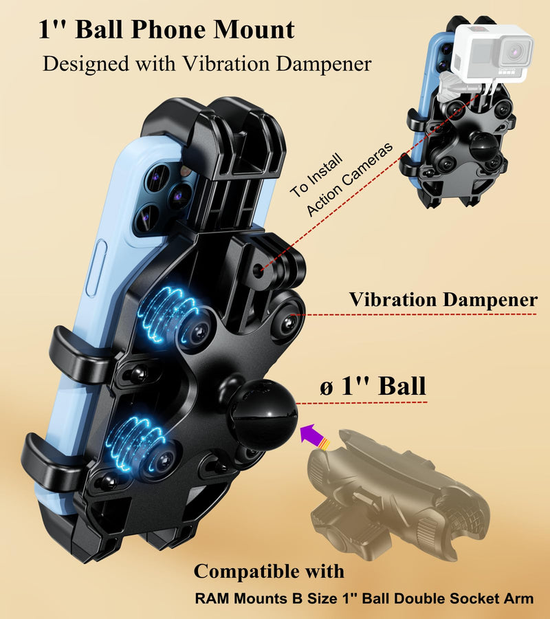 BRCOVAN 1'' Ball Phone Mount Holder with Vibration Dampener, Compatible with RAM Mounts B Size Double Socket Arm, Adjustable Heavy Duty for Bike Motorcycle Scooter ATV UTV, Fit 5.4-6.9'' Cellphone