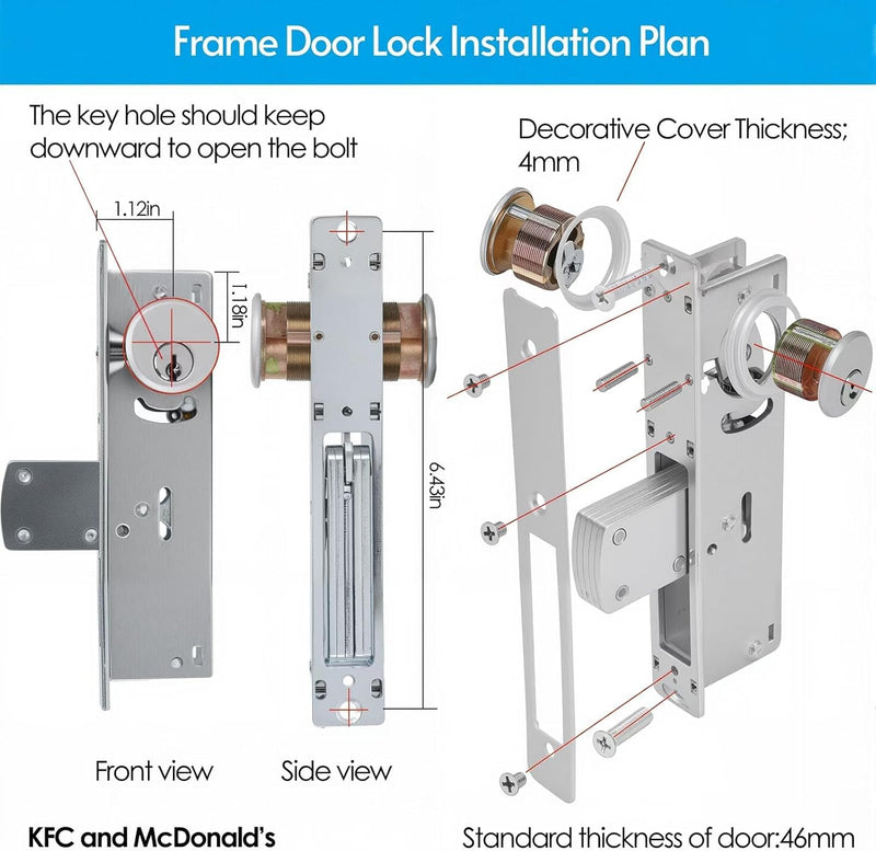 Cylinder Deadbolt Mortise Lock - Commercial Storefront Door Lock Double Keyed Cylinder 1-1/8" Backset Straight Deadbolt for Storefront Entry Doors 1-1/8" straight deadbolt