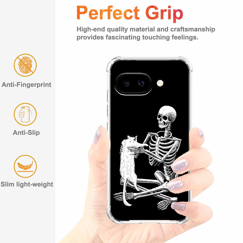Case for Google Pixel 10a with Skull Design,Cool Skeleton and Cat Pattern,Clear Slim Soft TPU Bumper Phone Cover,6.3”(Skull,P10a)