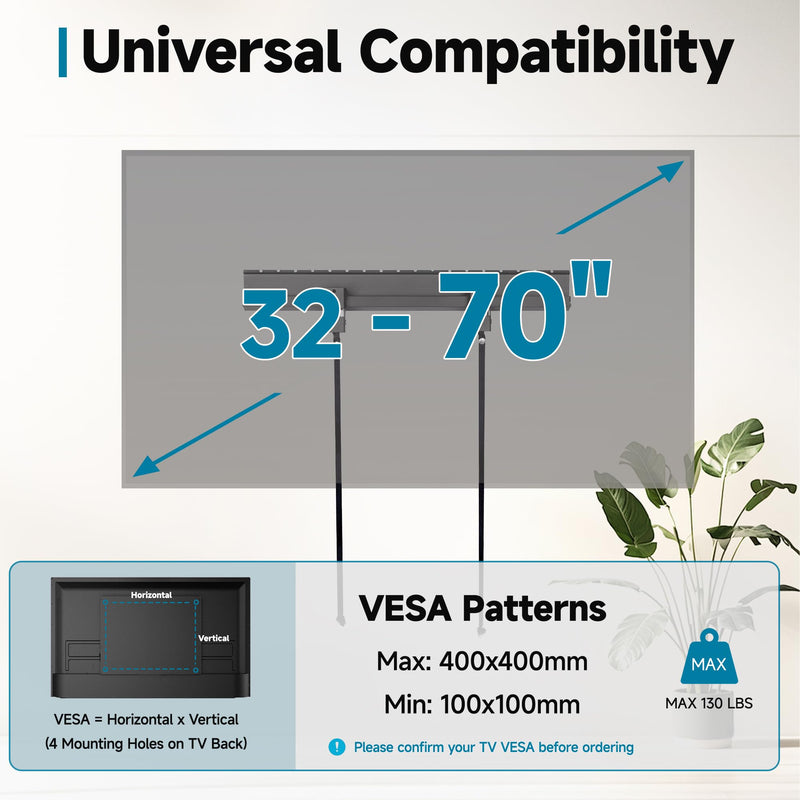 No Stud TV Wall Mount for 32-70 TVs, No Drill TV Mount up to 130 lbs | Max VESA 400x400mm, Drywall TV Bracket, Studless TV Hanger, Easy Install, Low Profile, Include All Hardware