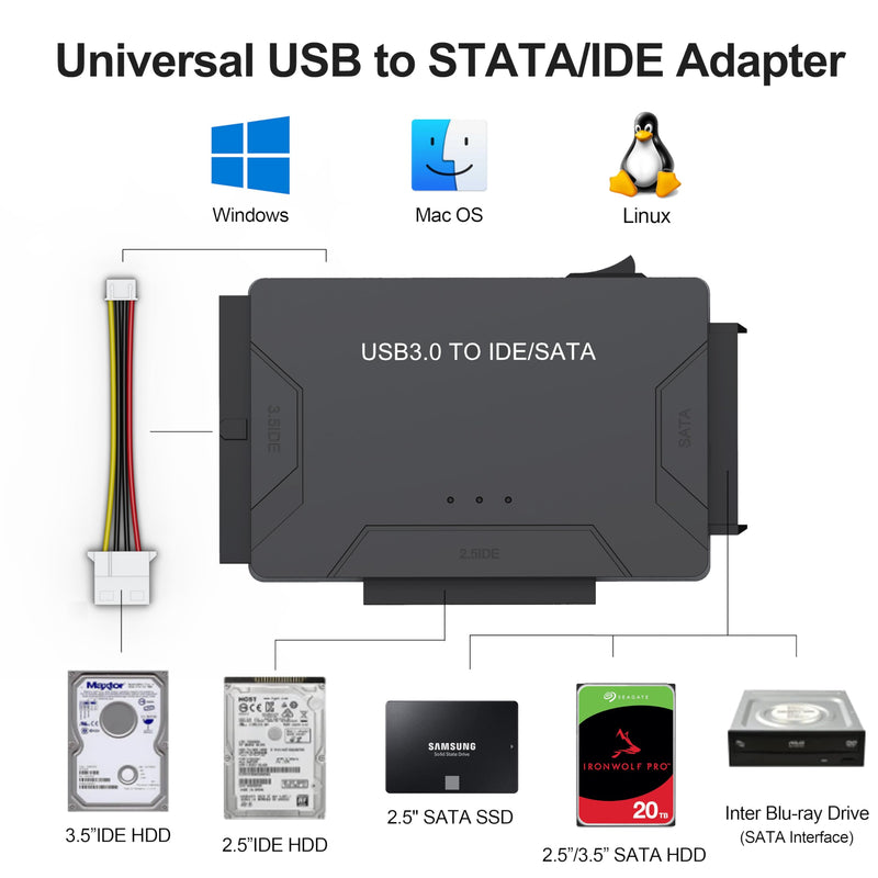 Hard Drive Reader USB 3.0 & Type C to SATA IDE Adapter, Internal Data Transfer Recovery Converter Kit with 12V/2A Power for 2.5"/3.5" SATA/IDE HDD SSD Hard Disk Internal Blu-ray Drive, up to 20TB For IDE/SATA