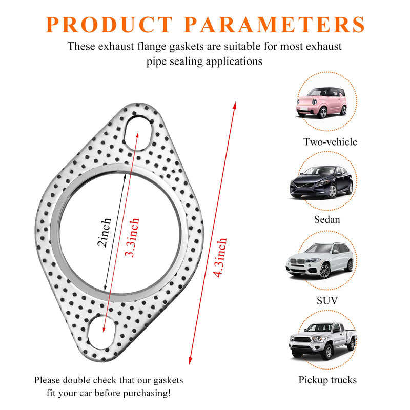 2 PCS Car Exhaust Gasket, 2.0"×3.4" Stainless Steel High-Temp Resistant Exhaust Gasket Replacement, 2-Bolt Standard Oval Exhaust Flange Gasket for Axleback, Car Accessories (2 Inch) 2 Inch