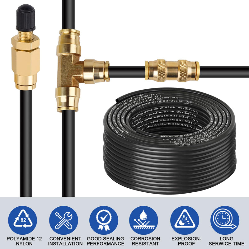 3/8" OD x 50FT DOT Air Line Black SAE J 844 PA12 Nylon Air Brake Tubing with Cutter and Teflon Tape, Pneumatic Nylon Air Line Hose for Semi Truck Trailer Air Brake System & Fluid Transfer 50FT-3/8"OD