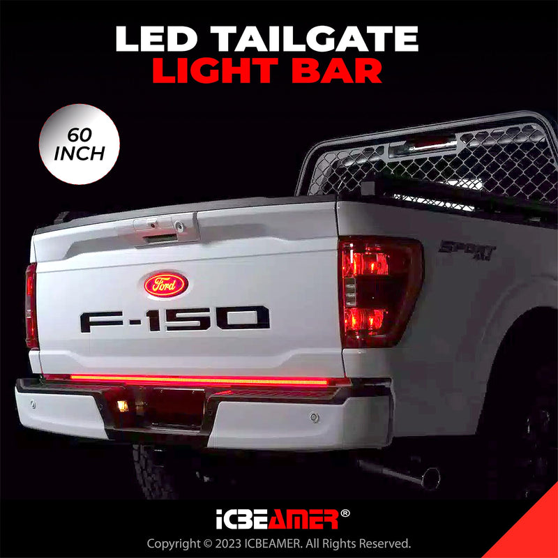 ICBEAMER Triple Row 60 inch 504 pcs LED for Pick up/Truck Tailgate Light Bar Side Bed Light Strip Bar IP67 Waterproof Reverse- 6 Functions Tail/Brake/Sequential/Turn Signals/Reverse/Flashing Lights Triple Rows
