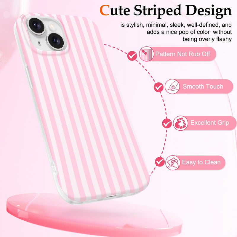 Anuck for iPhone 15 Case Cute Striped Phone Case Girly Aesthetic Vertical Stripe Pattern Design for Women Girls, Soft TPU Shockproof Rubber Bumper Protective Cover for iPhone 15 6.1" - Pink White Pink/White