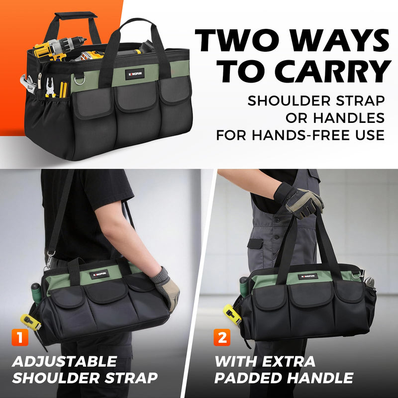 Kingfun 16 Inch Heavy Duty Wide Mouth Tool Bag with 14 Pockets | Adjustable Shoulder Strap & Padded Handle, Durable Tool Storage Bag for Electricians, Mechanics & more (Green) Green