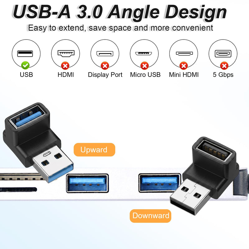 2Pcs 90 Degree USB 3.1 Adapter Right Angle USB A Male to Female Up and Down | USB Coupler Adapters OTG Connector 10Gbps Data Transfer for Laptop Mouse Keyboard USB A Charger