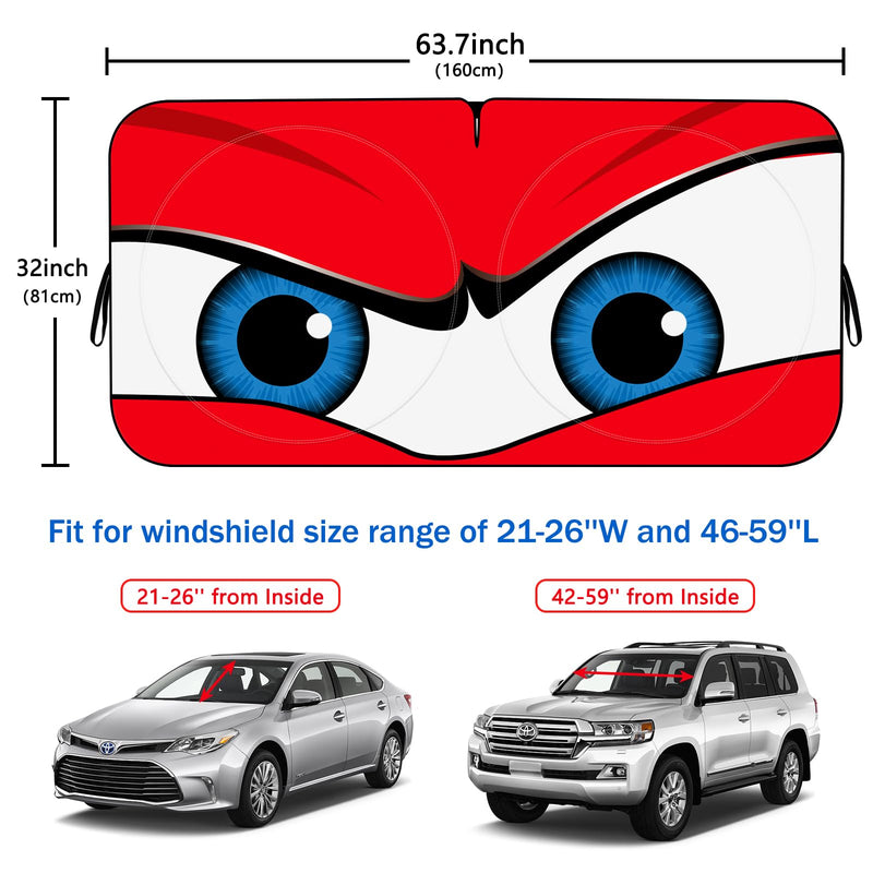 Car Windshield Sun Shade, Funny Car Eyes Sun Visor Wear-Resistant Black Tape, Foldable 63.7" L x 32" W Large angry eyes-red