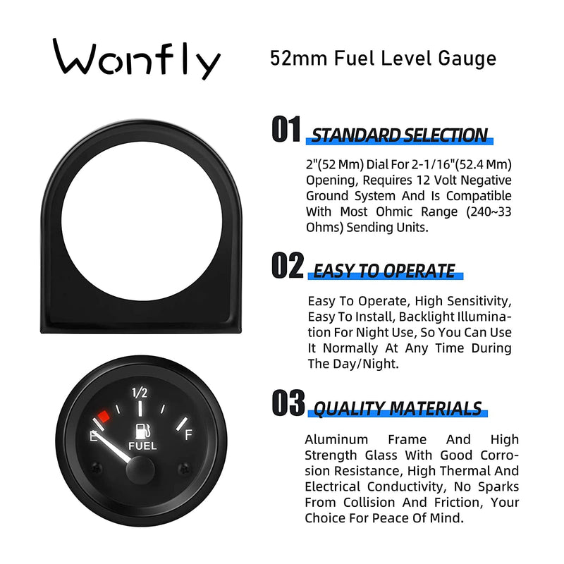 52mm Fuel Level Gauge, 2" E-1/2-F Pointer 12V, Universal Fuel Tank Meter with LED Backlight for Car RV Yacht Boat Motorcycle (White) white