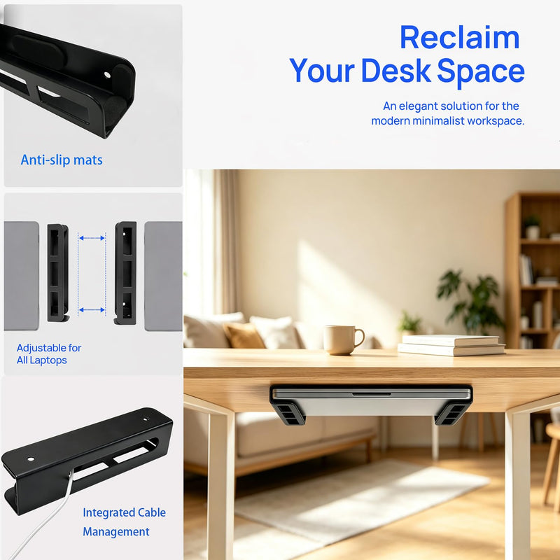 Universal Wall & Under Desk Laptop Mount and Charger Holder | for most laptops as MacBooks, Surface,Tablets, and 100W or Higher Chargers, with Adhesive, Screws, Anti-Scratch Pads