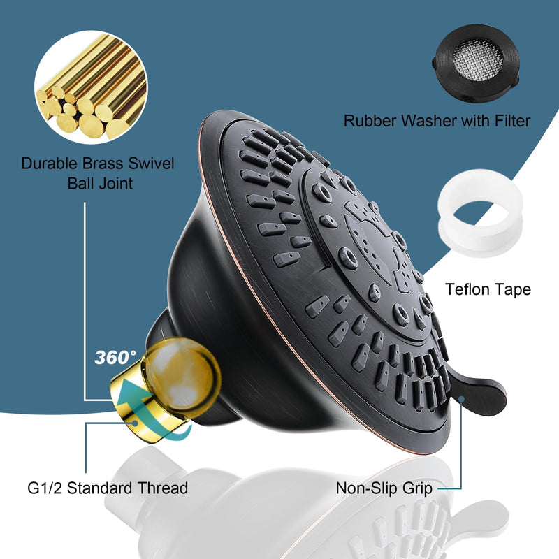 BRIGHT SHOWERS High Pressure Rain Shower Head, Fixed Shower Head with 5 Spray Settings, Adjustable Angle and Anti-Clog Nozzles, Oil Rubbed Bronze (1.8 GPM) 5 Spray Settings