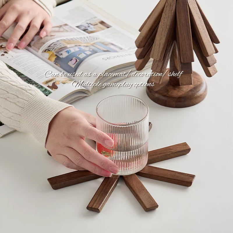 Trivets for Hot Dishes, 4 Artful Foldable Wooden Hot Pads for the Kitchen, Store as a Decorative Christmas Tree for Dishes, Pans, and Teapots | Creative Kitchen Gift Made of Walnut Wood A Walnut 4 pcs
