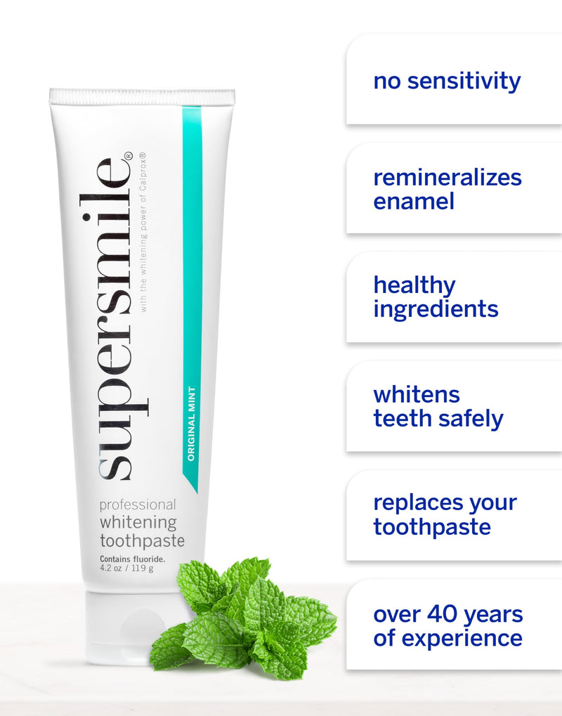 Supersmile Professional Whitening Toothpaste, 4.2 oz, Original Mint Toothpaste with Calprox® and Fluoride, Whitens 3 Shades After 1 Day, Tooth Stain Remover, Enamel Safe for Veneers & Bonding 4.2 Ounce (Pack of 1)