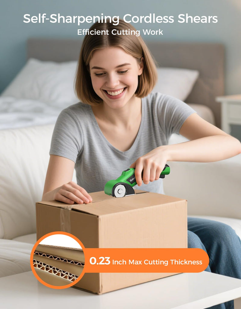 Cardboard Cutter, Rechargeable Cordless Electric Scissors, 4V Upgrade Motor Electric Box Cutter with 2 Blades, Safety Lock & LED Light, Powerful Cutting for Cardboard Box, Plastic, Leather Green