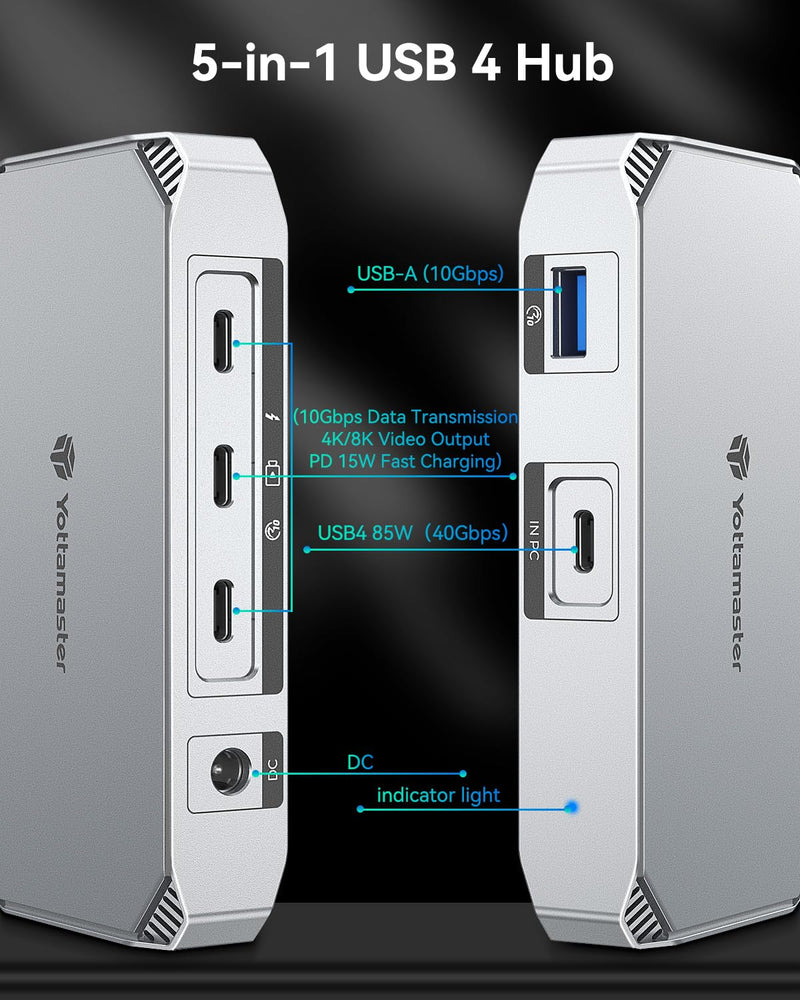 Yottamaster 40Gbps USB4 Dock, Aluminum 5-in-1 USB C USB4 Hub with Triple Display, 85W PD Charging for MacBook, Dual Monitor Single 8K or Dual 4K@60Hz, Compatible with USB4, Thunderbolt 4/3 [YUB4]