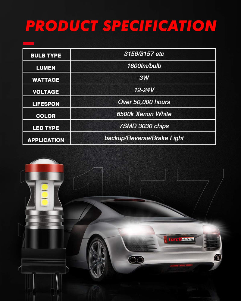 Torchbeam 3157 LED Light Bulbs 3600 Lumens with Projector Error-free For Reverse Back Up Lights DRL Brake Lights Fit 3156 3057 3056 4157 6500K Xenon White（Pack of 2） 3157 White