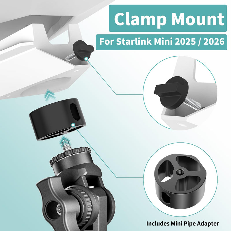 Starlink Mini Mount 2025/2026, Adjustable Clamp Mount for RV, Yacht, Camper | Includes Aluminum Alloy Mini Pipe Adapter, Adjustable Angle, 5-Minute Installation, Starlink Mini Accessories for Outdoors