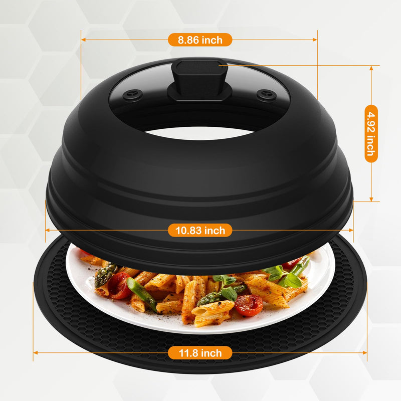 Lzerking Microwave Splatter Cover & Silicone Mat, 10.8 inch Glass Splatter Guard Lid with Collapsible Silicone for Food, Fits 6-10 inch Pot Plate Bowl, Heat Resistant, Dishwasher Safe, Kitchen, Black
