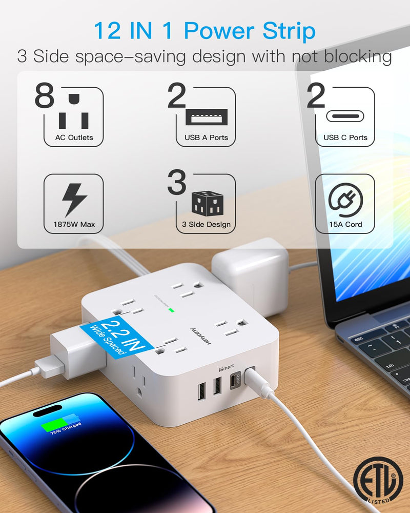 15 Ft Long Extension Cord with Multiple Outlets, Flat Plug Power Strip | Surge Protector, 1080J, 8 Outlets 4 USB Ports(2 USB C), Desk Outlet Extender, Wall Mount, Home Office Dorm Room Essentials 15ft White