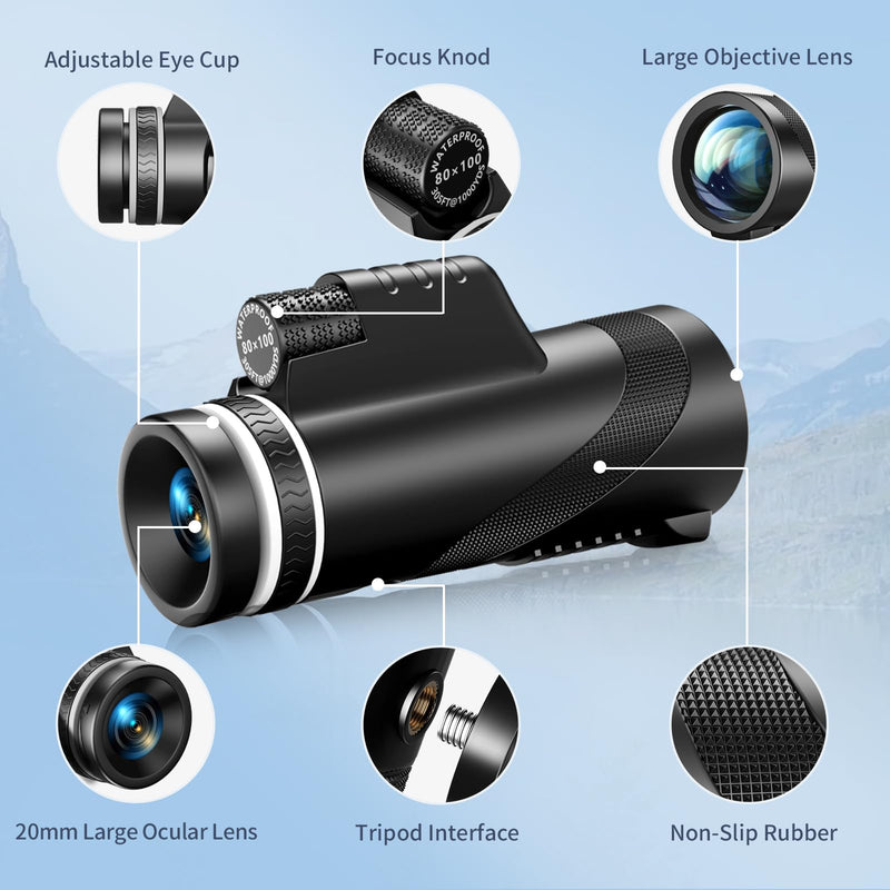 80x100 HD Monocular Telescope, Monoculars for Adults High Powered with Smartphone Adapter & Tripod, Portable Monocular for Hunting Hiking Star Bird Watching 80x100