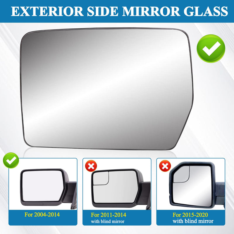 Driver Left Side Heated Mirror Glass Compatible with 2004-2014 Ford F150 - Exterior Side Rearview Convex Mirror w/backing Holder - Replace# 4L3Z-17K707-DB Driver Side (LH)