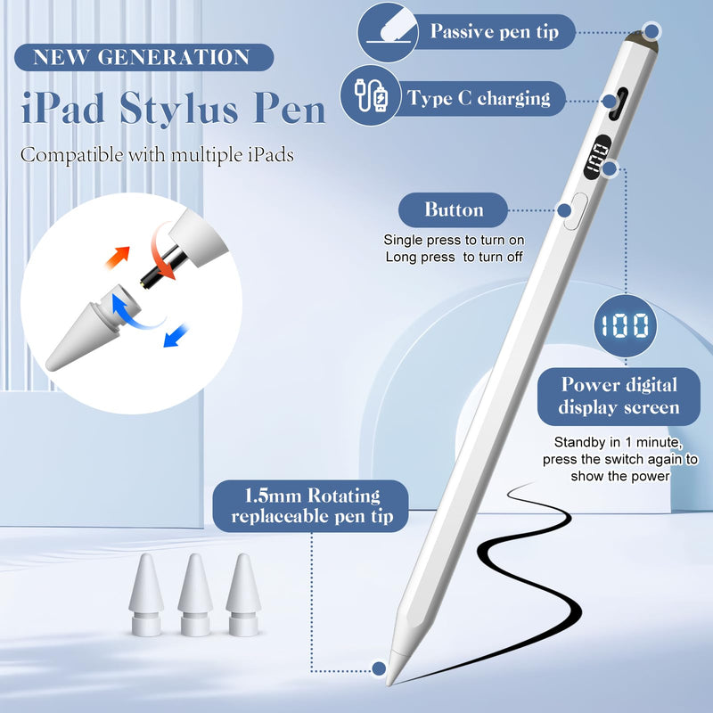Stylus Pen for iPad Work for iPad Pro 11"/12.9", iPad 6/7/8/9/10, iPad Air 3/4/5, iPad Mini 5/6, Newly Dual-Tip for Touch Screens, Apple iPad Pen with Fast Charge Tilt Sensitive Palm Rejection