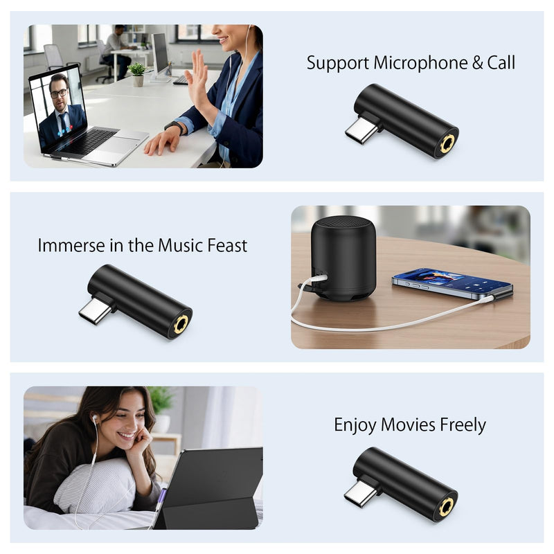 USB C To 3.5mm Audio Adapter,USB TypeC to Headphone Jack Dongle Aux Adapter | DAC Stereo HiFi Right Angle for iPhone 17 16 15,iPad Pro,Samsung Galaxy A17 A16 A37 S26 Ultra S25 Plus A36 A57 S24 FE S23 Black