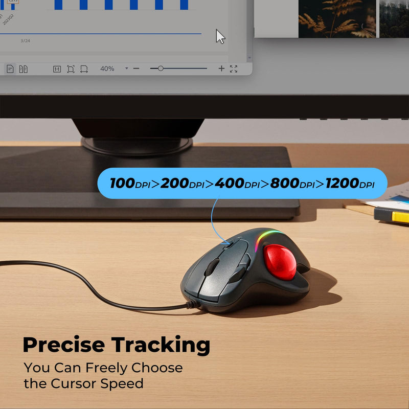 Trackball Mouse Wired, Ergonomic Comfort Design Reduces Muscle Strain, USB Plug&Play, Easy Thumb Control, Precision Tracking with 5 Adjustable DPI, RGB Rollerball Mouse Compatible for PC, Mac, Windows C-Red