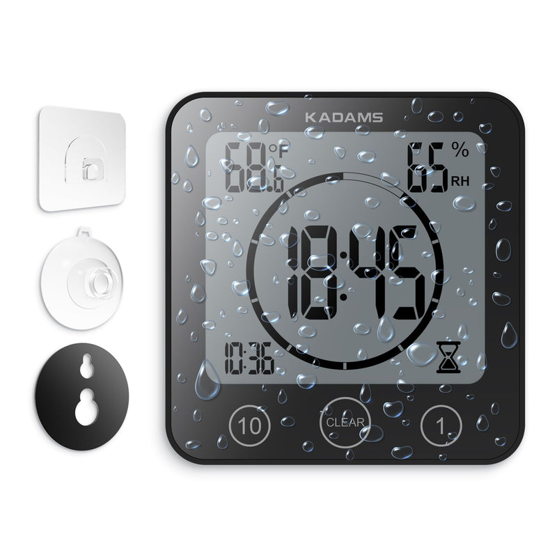 KADAMS Shower Clock Waterproof Bathroom Timer – Digital Wall Clock with Countdown, Magnetic Kitchen Clock with Temperature & Humidity, Suction Cup for Kids Shower Spa Sauna Cook Bath (Black) Black