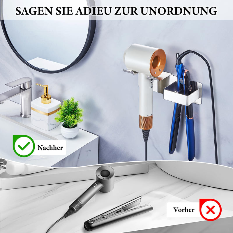  [AUSTRALIA] - Hairdryer and Straightener Holder, Hair Dryer Holder Wall Mounted, Hair Straightener Holder, Stainless Steel Straighteners Stand, Bathroom Storage for Hairdryer and Curling Iron (Silver) Silver
