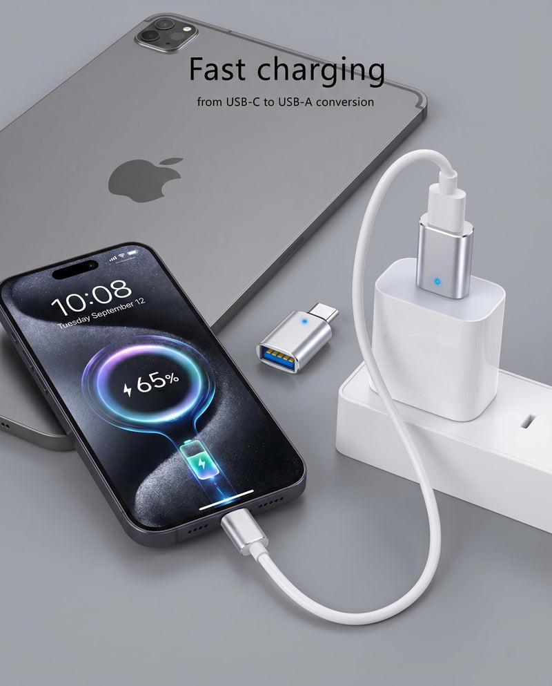 USB C to USB A 3.0 OTG Adapter, Silver, 3 Pack for Data Devices | Instantly connect keyboards or flash drives to your laptop or phone. LED indicator confirms sync status. Compact space-saver. 3-Pack