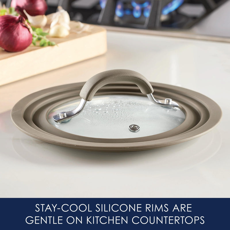 Rachael Ray Cook + Create Universal Silicone-Rimmed Glass Lid, 8.5-Inch, Taupe