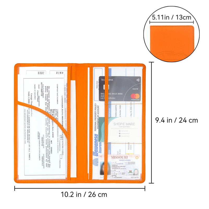 Car Registration and Insurance Holder, Premium Pu Leather Vehicle Glove Box Organizer - for Driver License, Cards & Essential Documents (L-Orange) Large Orange