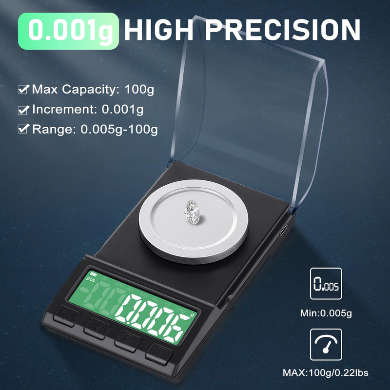Portable Milligram Scale 100g/0.001g, Diyife Rechargeable Gram Scale with 8 Units, High Precision Powder Scale with Cover, Backlit LCD, Batteries/Tray/Tweezers/100g Calibration Weight Included