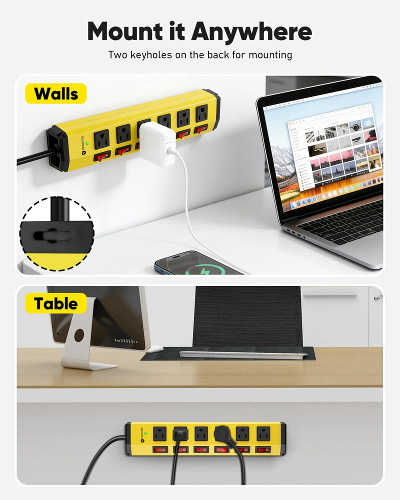 KeBen Heavy Duty Surge Protector,6 Outlets Individual Switches,6FT/15A | Surge Protector with 1200J,Flat Plug Design,Wall Mountable Metal Power Strip for Appliance,Workshop,Garage-14AWG/1875W 6FT 1