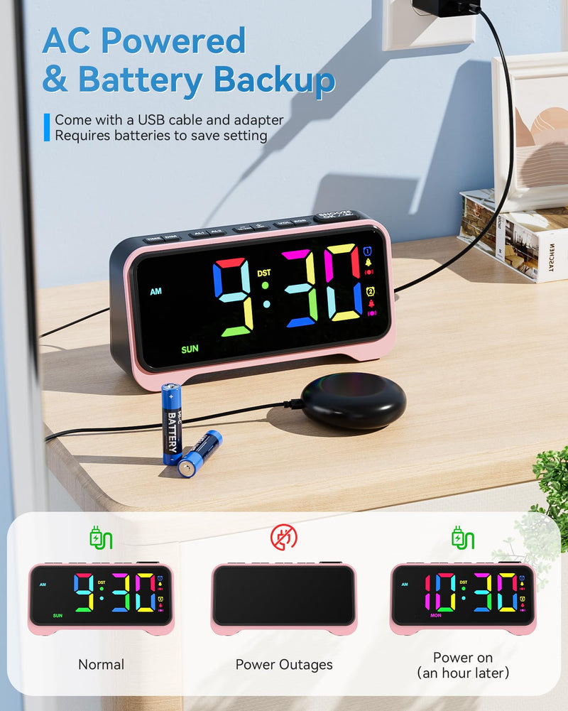 Loud Alarm Clock for Heavy Sleepers Adults, Bed Shaker Alarm Clock with 10-Color Modes/Night Light/USB Charger/7 Dimmer/Battery Backup, Vibrating Alarm Clocks for Hearing Impaired Deaf, Kids, Teens Pink With Bed Shaker