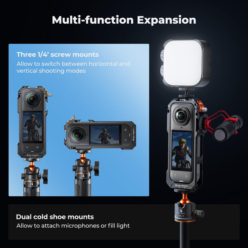 K&F CONCEPT Camera Cage with Silicone Lens Cover for Insta360 X5 | Aluminum Alloy Protective Case Frame with 2 Cold Shoe Mounts for Microphone and Led Video Light Built-in 1/4" Screw Hole CI01 Cage+Quick Mount