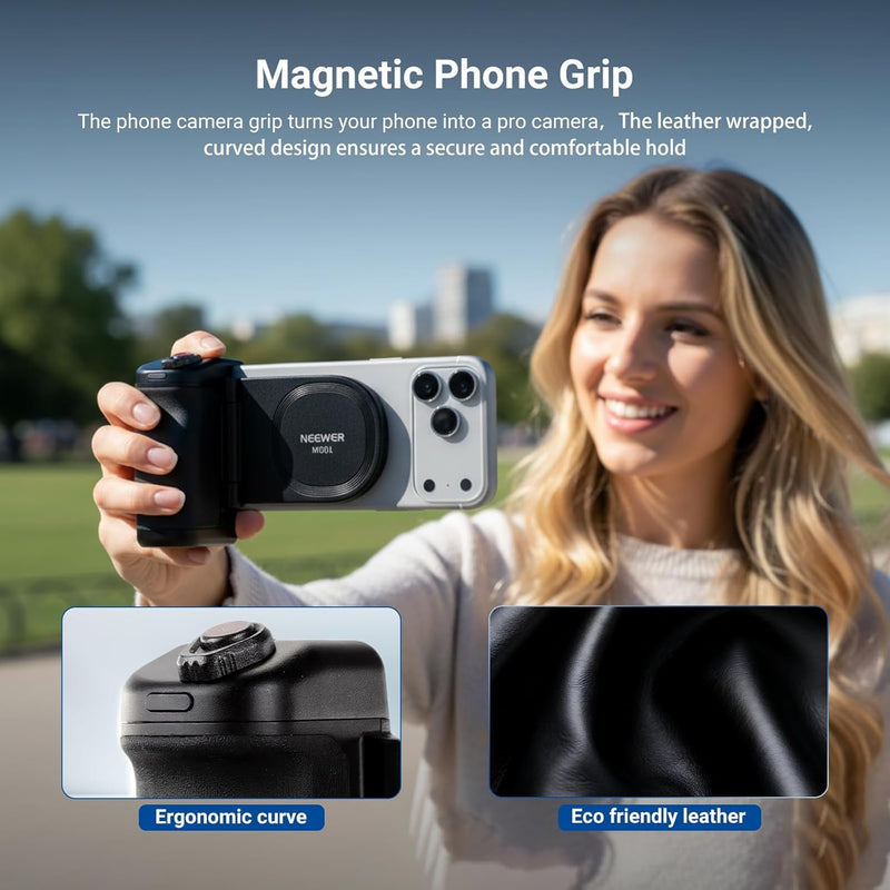 NEEWER Magnetic Phone Camera Grip Compatible with MagSafe iPhone Samsung Wireless Charging, Ergonomic Handle Holder with 3500mAh Battery & Detachable Remote for Tripod Mount Video Recording, MG01