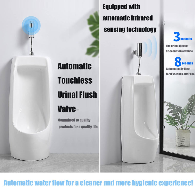 Automatic Touchless Urinal Flush Valve, Motion Sensor Copper, Three Outlet Pipes, Wall Mounted&Adjustable Water Flow, DC 6V, Ideal for Public Restrooms, English Installation Guide