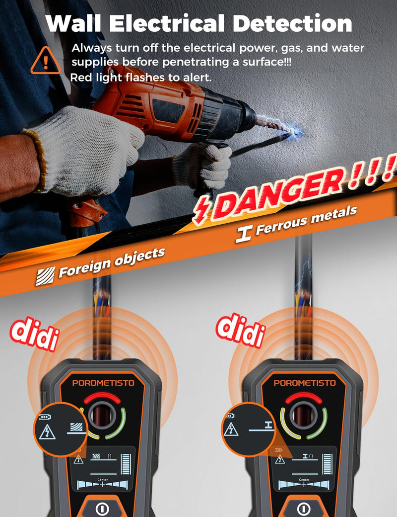 Rechargeable 6 in 1 Stud Finder Wall Scanner POROMETISTO, Positioning Hole for Pipe Wood Studs, Live Wire Detector for Electricians, Ferrous Metals Non-Ferrous Metals, Alarm Wall Detector