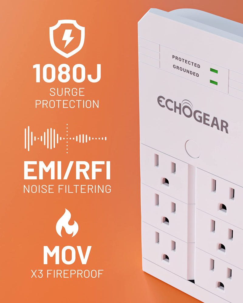 ECHOGEAR On-Wall Surge Protector with 6 Pivoting AC Outlets & 1080 Joules of Surge Protection - Low Profile Design Installs Over Existing Outlets to Protect Your Gear (White) White