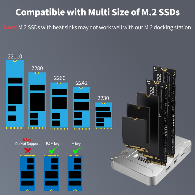 M.2 SSD Duplicator Dock, 20Gbps USB C Dual Bay Cloner, Aluminum Alloy Housing with Cooling Fan, Offline Clone/Data Transfer for NVMe SATA M.2 2230/2242/2260/2280 SSD