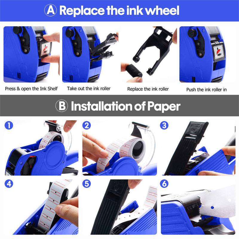 KPX MX5500 Pricing Tag Gun with 5150 pcs White Label Gun Stickers & 3 Extra Inker Rollers, Pricing Label Gun, 8 Digits Retail Pricing Gun and Labels for Grocery Store, Food (Blue) Blue