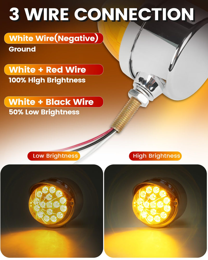 Amber Single Face 17 LED Watermelon Turn Signal Pedestal Lights w/Visor, Semi Truck Chrome Auxiliary Waterproof Reflector LED Lights for Freightliner Peterbilt Kenworth Mack Western Star Amber Light