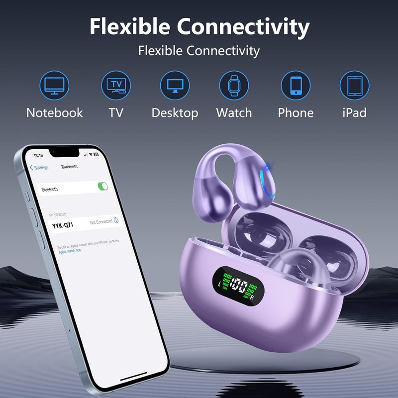 Comfort Clip On Earbuds, Bluetooth 6.1 Open Ear Bone Conduction Headphones, with Digital Display Charging Case Sport Earphones Built-in Mic Waterproof for Running Fitness Exercise, Violet