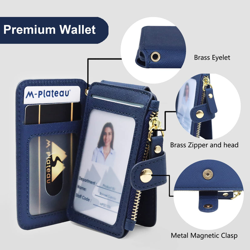 Phone Wallet Stick On,M-Plateau PU Leather Card Holder with Zipper Coin Pocket Compatible with iPhone and iPhone Case for Women with 3M Adhesive and Phone Lanyard Navy Blue